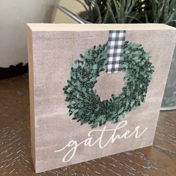 Farmhouse Buffalo Check Wreath Gather Wood Sign - Picture 4 of 7